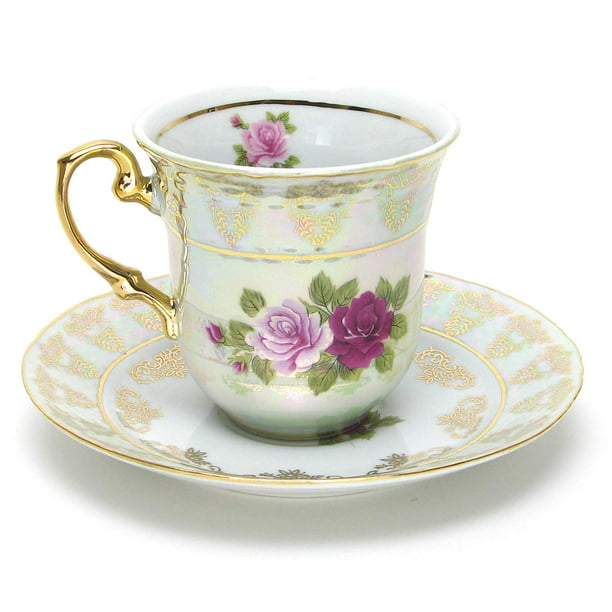 12 Pcs  Gold with  Floral Design  Tea Cup/Saucer Set For 6 Persons 
